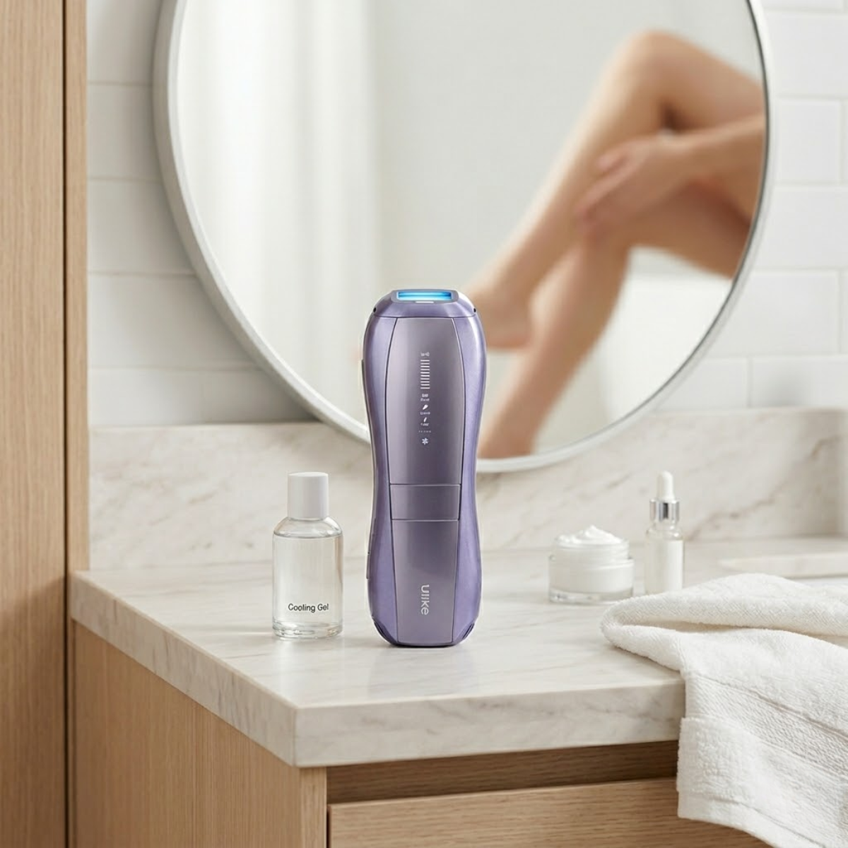 IPL hair removal device on bathroom vanity representing a 12-week hair reduction journey and review