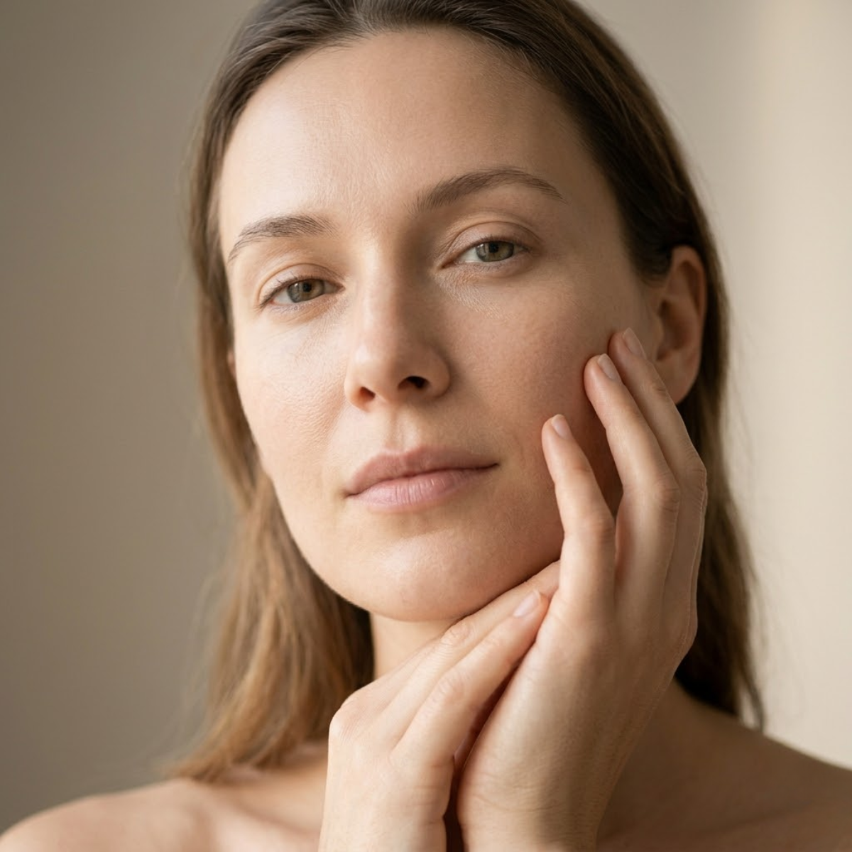 Close-up portrait-style image showing calm skin-focused self-care moment