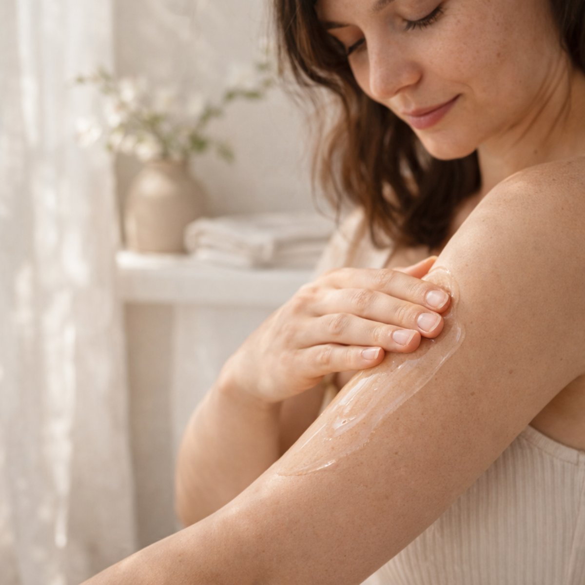 Woman applying a lightweight gel to her skin in a calm skincare routine
