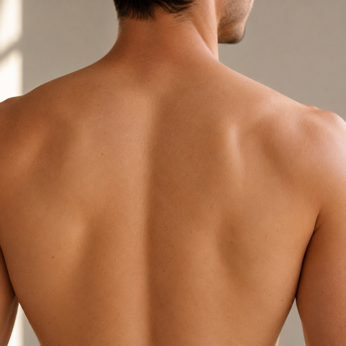 Man's bare back and shoulders in natural light — back hair removal guide