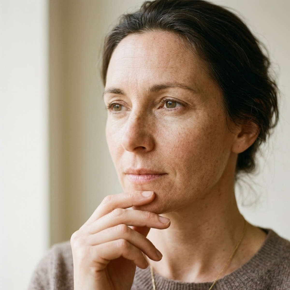 Close-up of a woman touching her chin thoughtfully in soft natural light