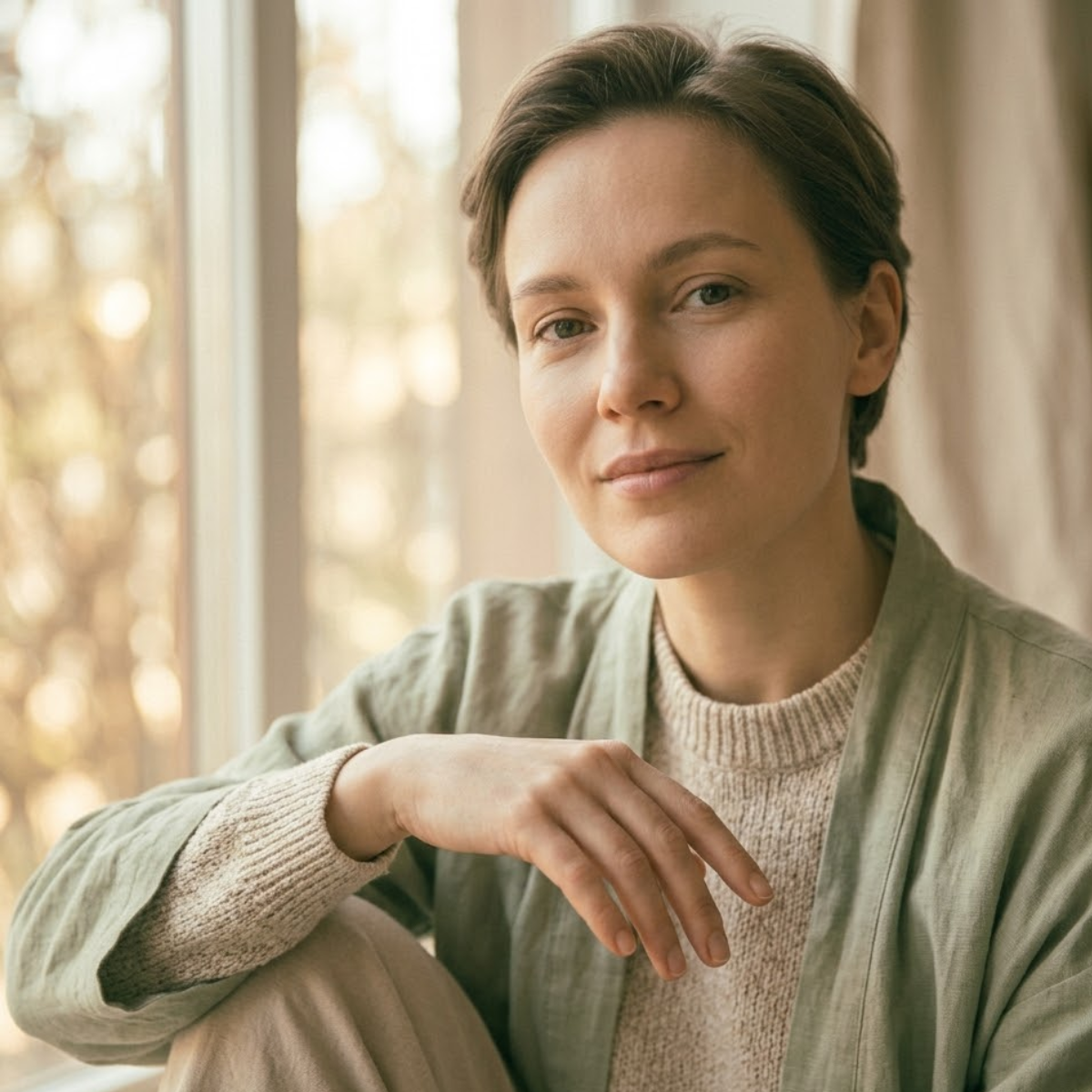 Person feeling confident and comfortable in light clothing, representing gentle laser pubic hair removal routine.