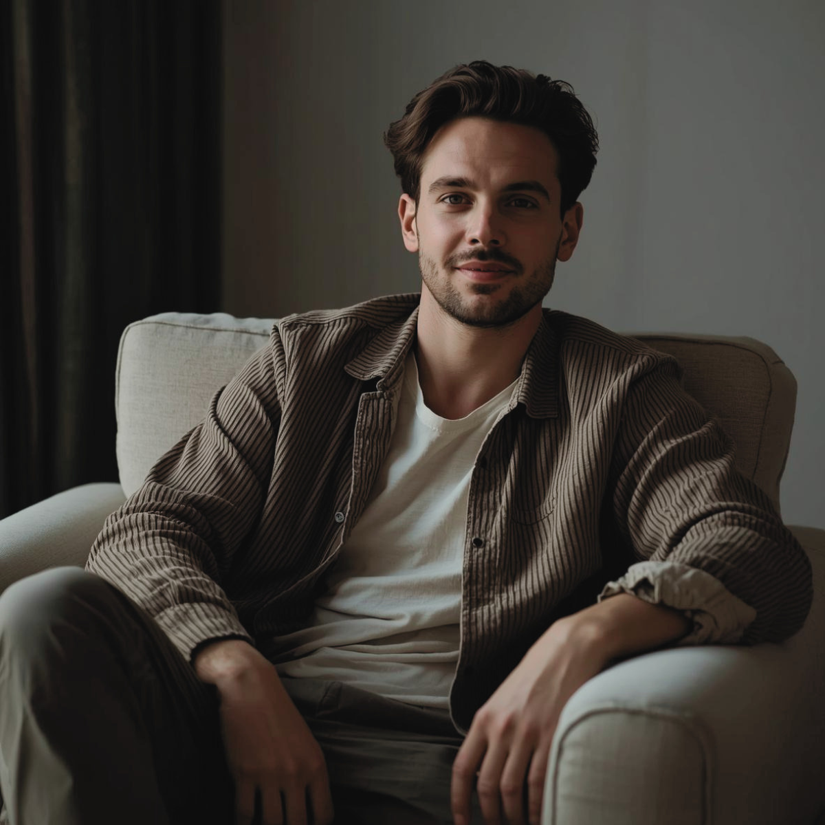 Man feeling comfortable after maintaining men’s pubic area grooming Title: