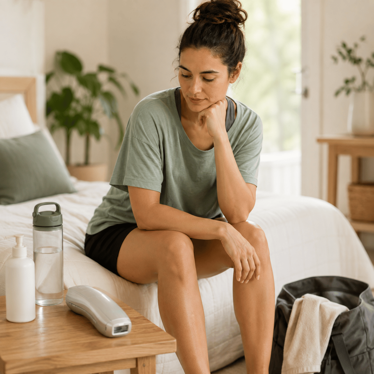 Woman contemplating exercise after IPL treatment while an at-home IPL device sits nearby