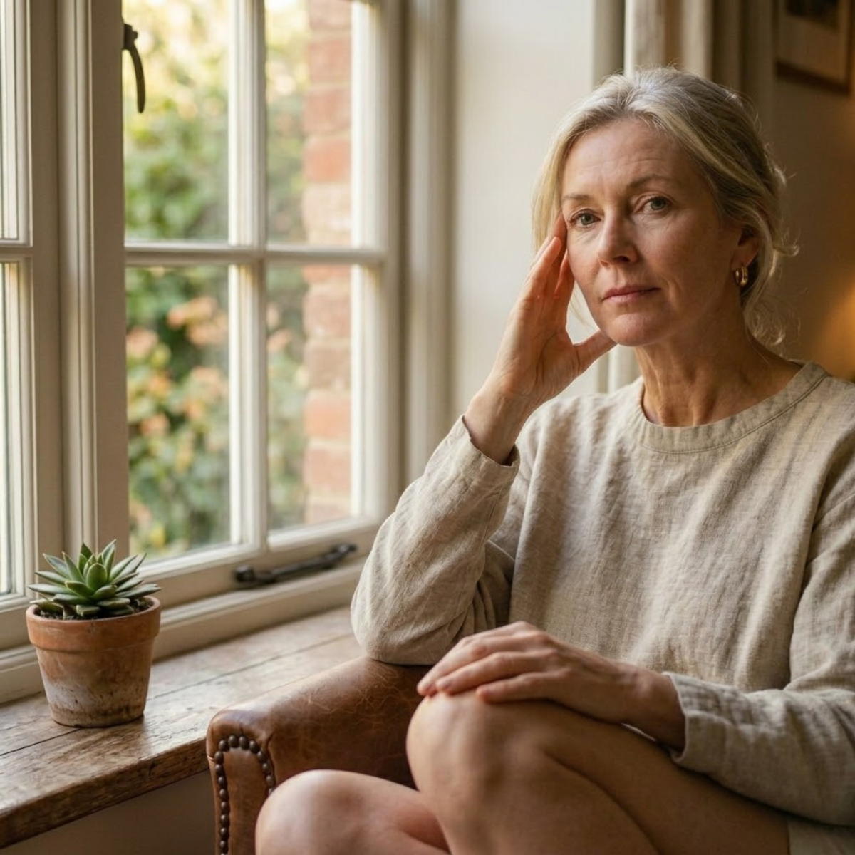 Close portrait of a woman in her late forties with natural skin in soft natural light