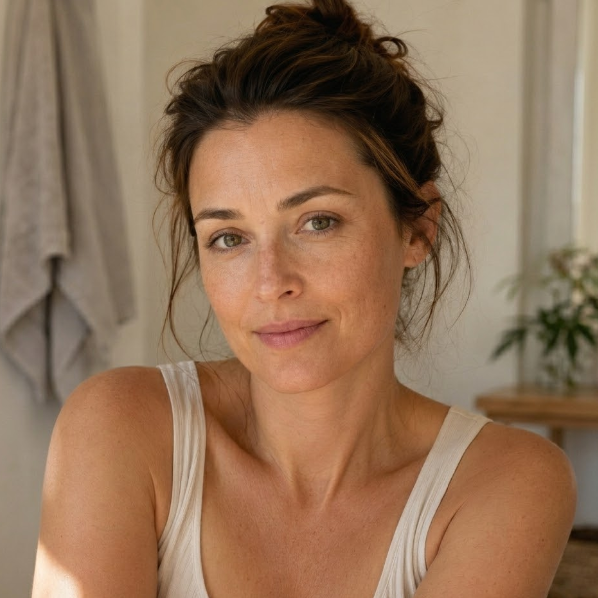 Woman with psoriasis looking directly at the camera with a calm and considered expression