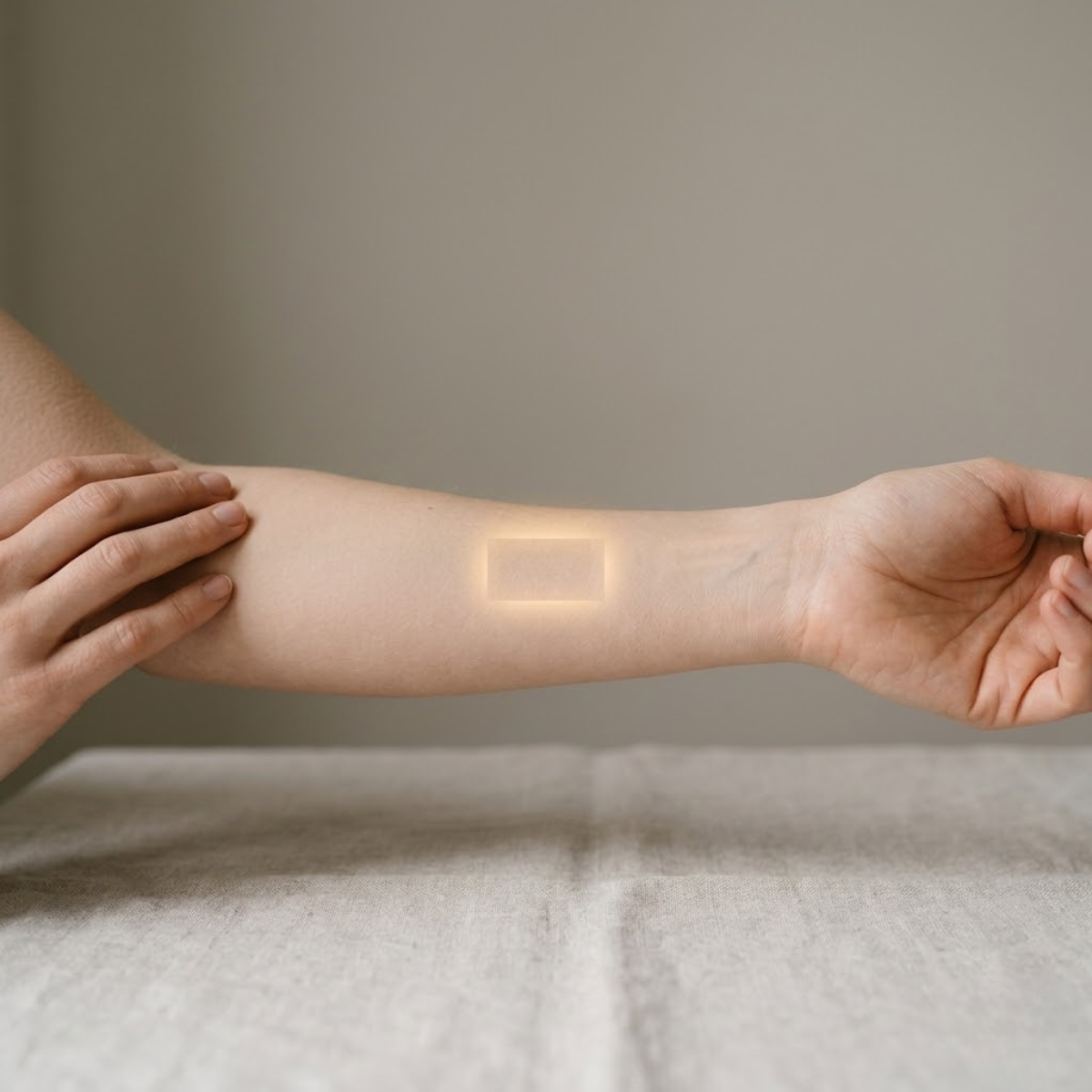 Close-up of a small patch of skin being checked on the forearm