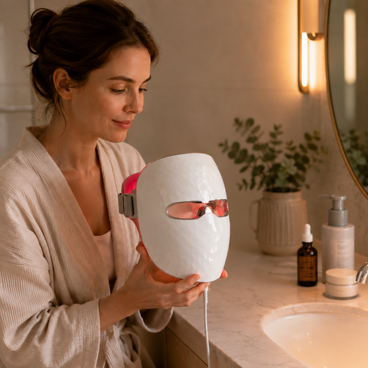 LED face mask as part of an at-home skincare routine