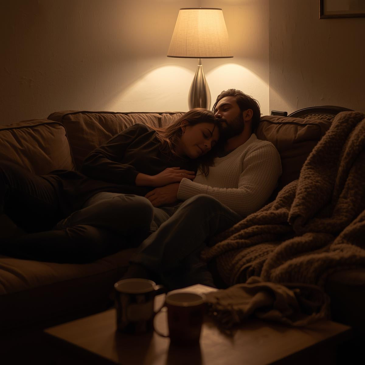 Couple sitting together on a sofa at home in the evening