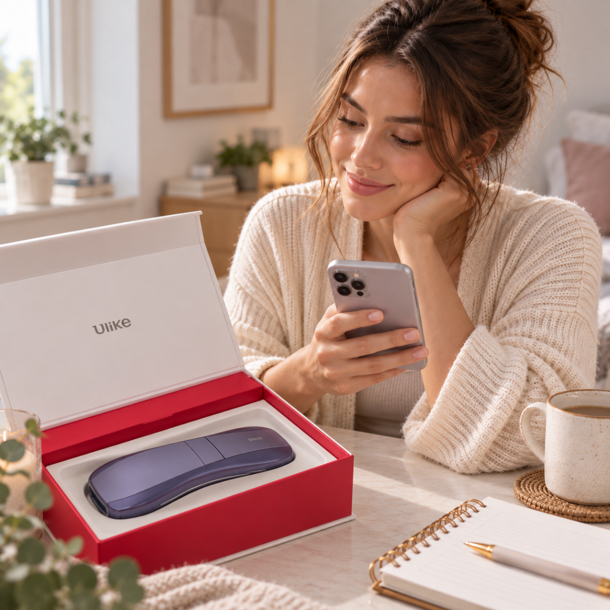 Woman reviewing her IPL hair removal treatment schedule on a smartphone beside an open at-home IPL device box