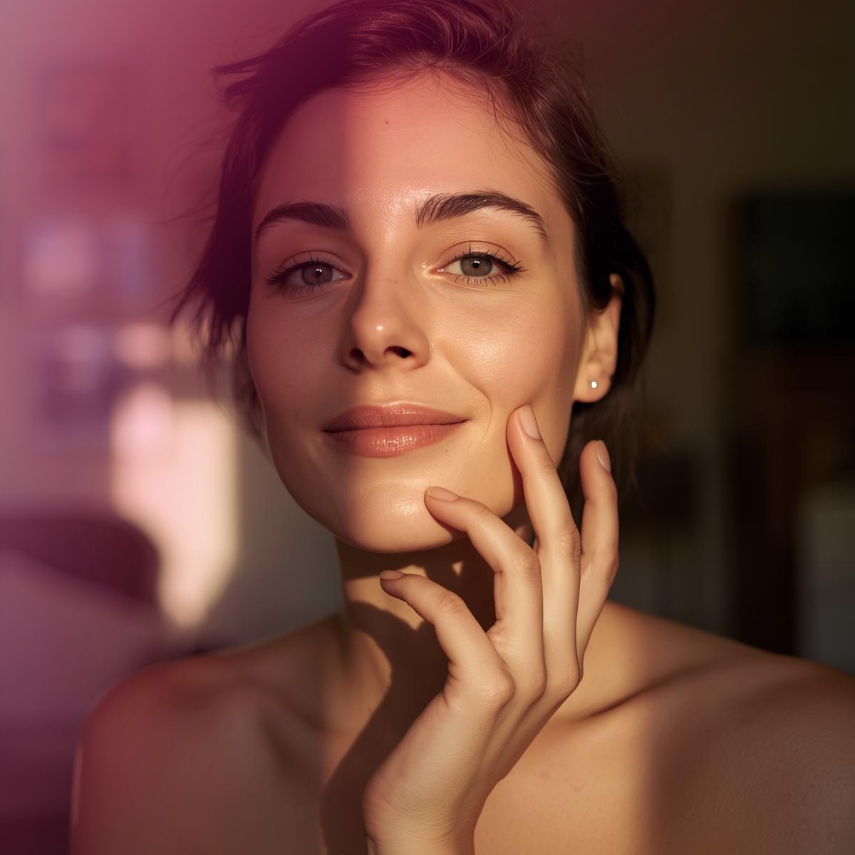 Smiling woman touching upper lip area, upper lip hair removal