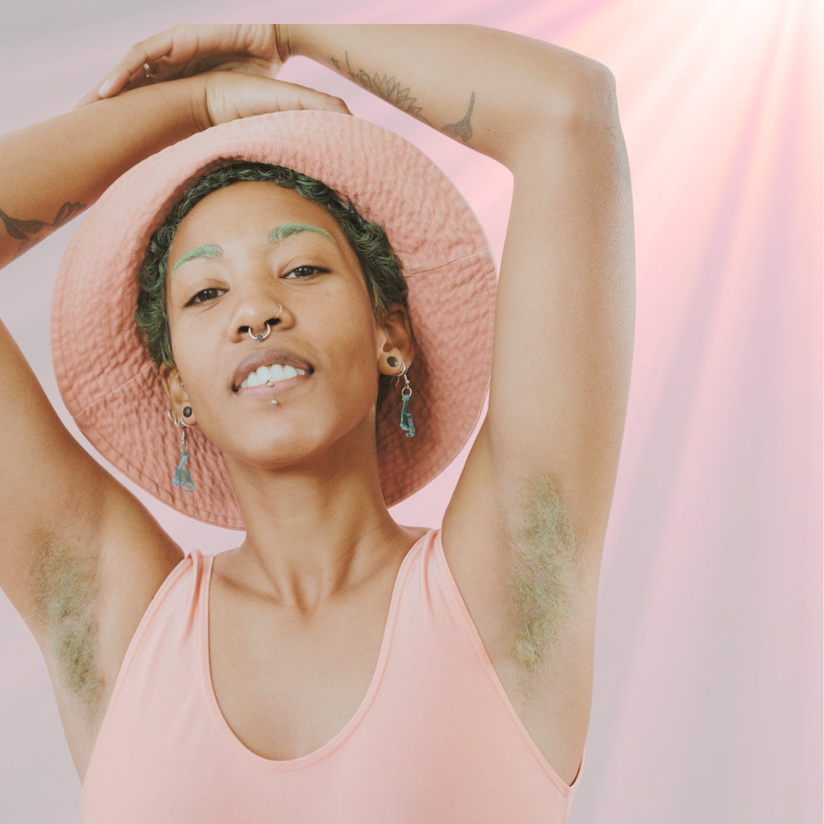 Person with natural axilla hair raising arms confidently