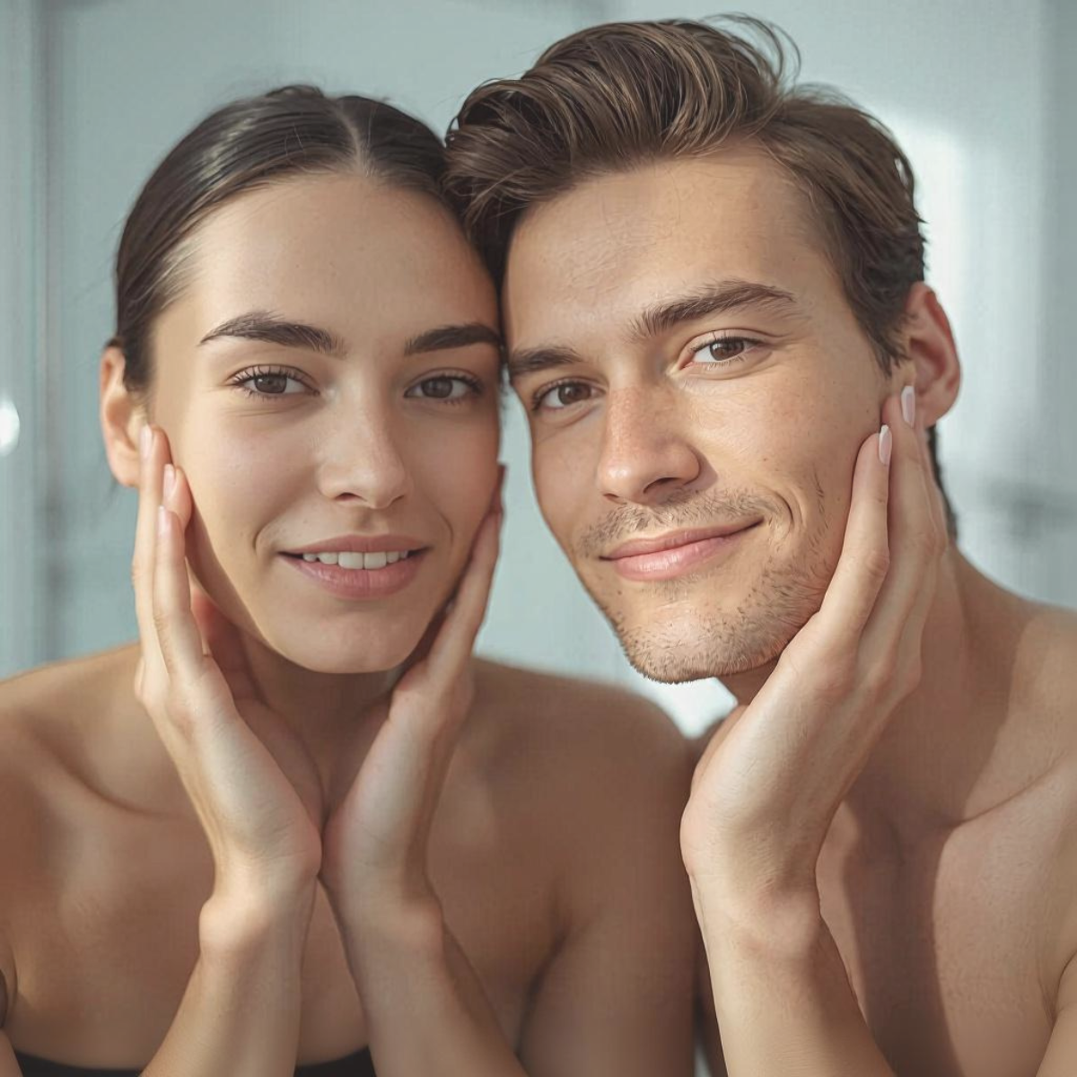 Woman and man using facial hair removal tools in a modern bathroom for smooth skin