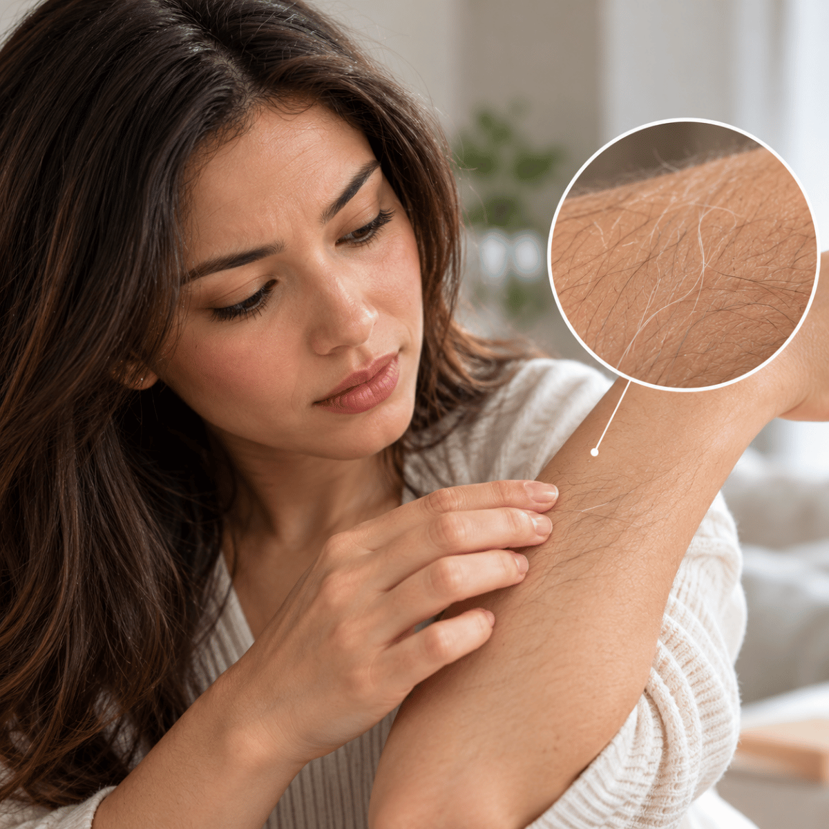 Woman examining her forearm, with a close-up showing lighter hairs among darker strands