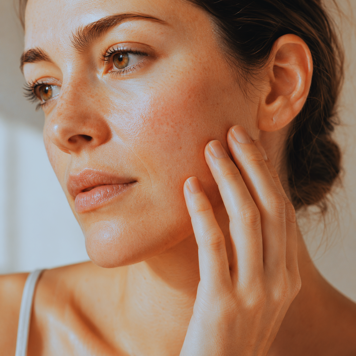 hand resting against cheek with soft natural light and subtle skin texture