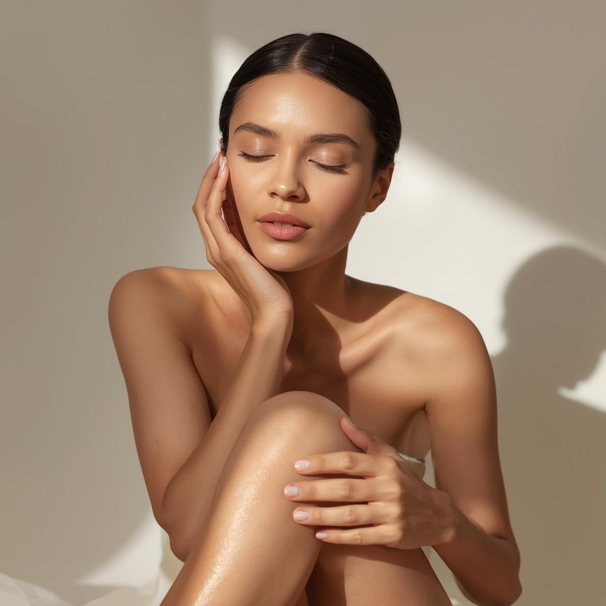 Woman touching smooth legs after hair removal