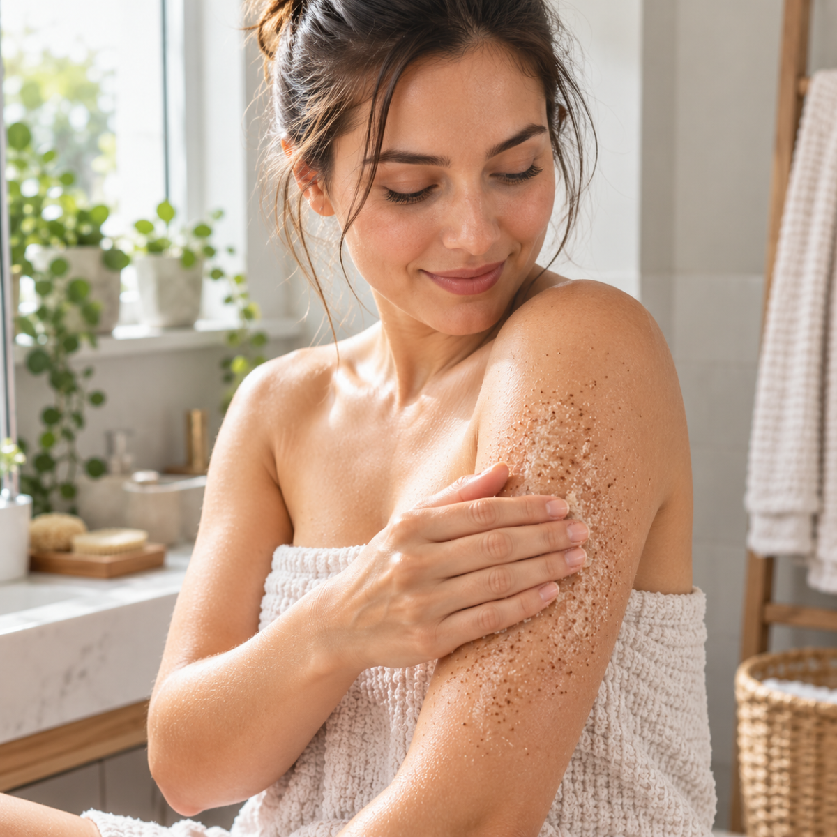 Woman gently exfoliating her upper arm as part of a body-care routine