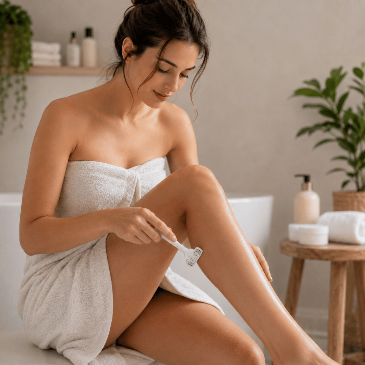 Woman preparing to shave her pubic hair with a razor in a bathroom