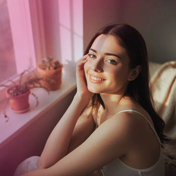 Woman sitting by a bright window at home, smiling and touching her face after using ipl laser hair removal
