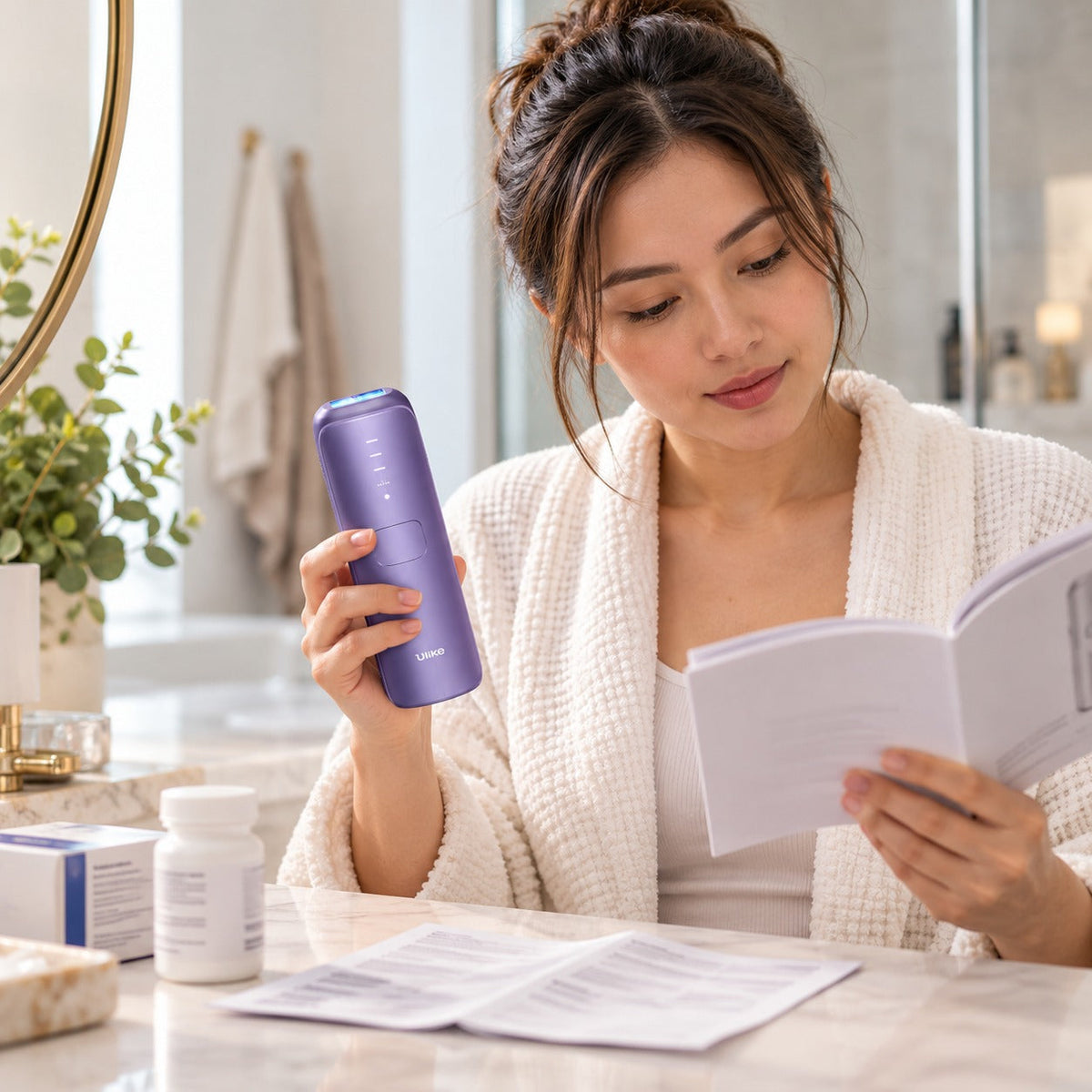 Woman checking an at-home IPL hair removal device and its instructions before treatment