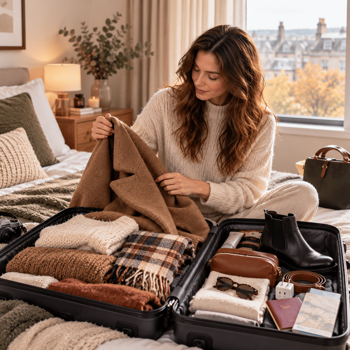 Woman packing warm clothing for an autumn or winter holiday
