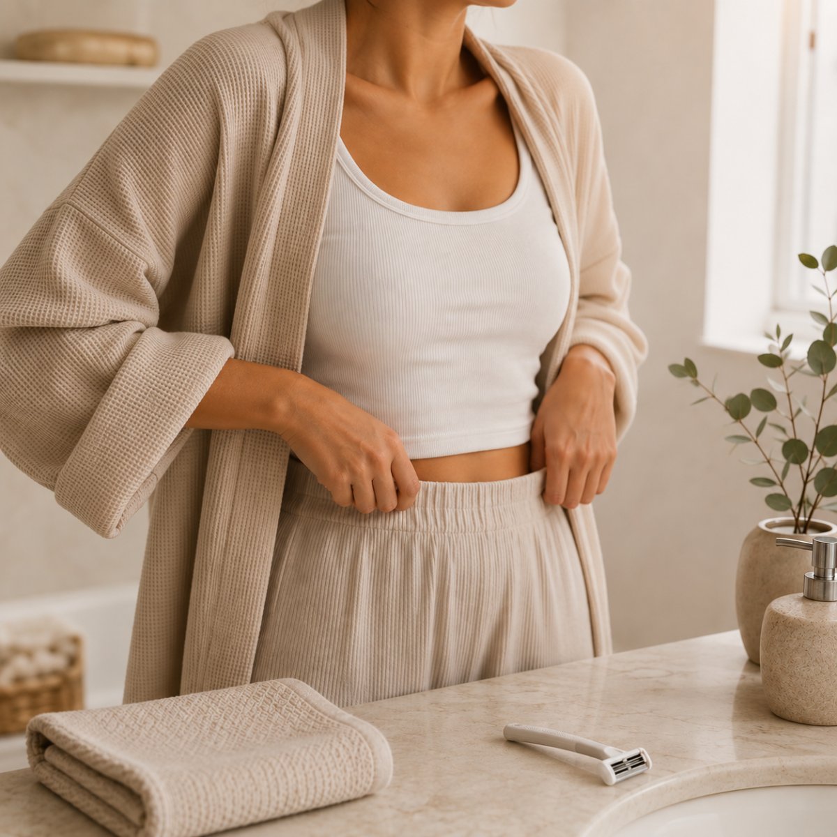 Person preparing for a private shaving routine in a softly lit bathroom, with a razor and folded towel on the counter