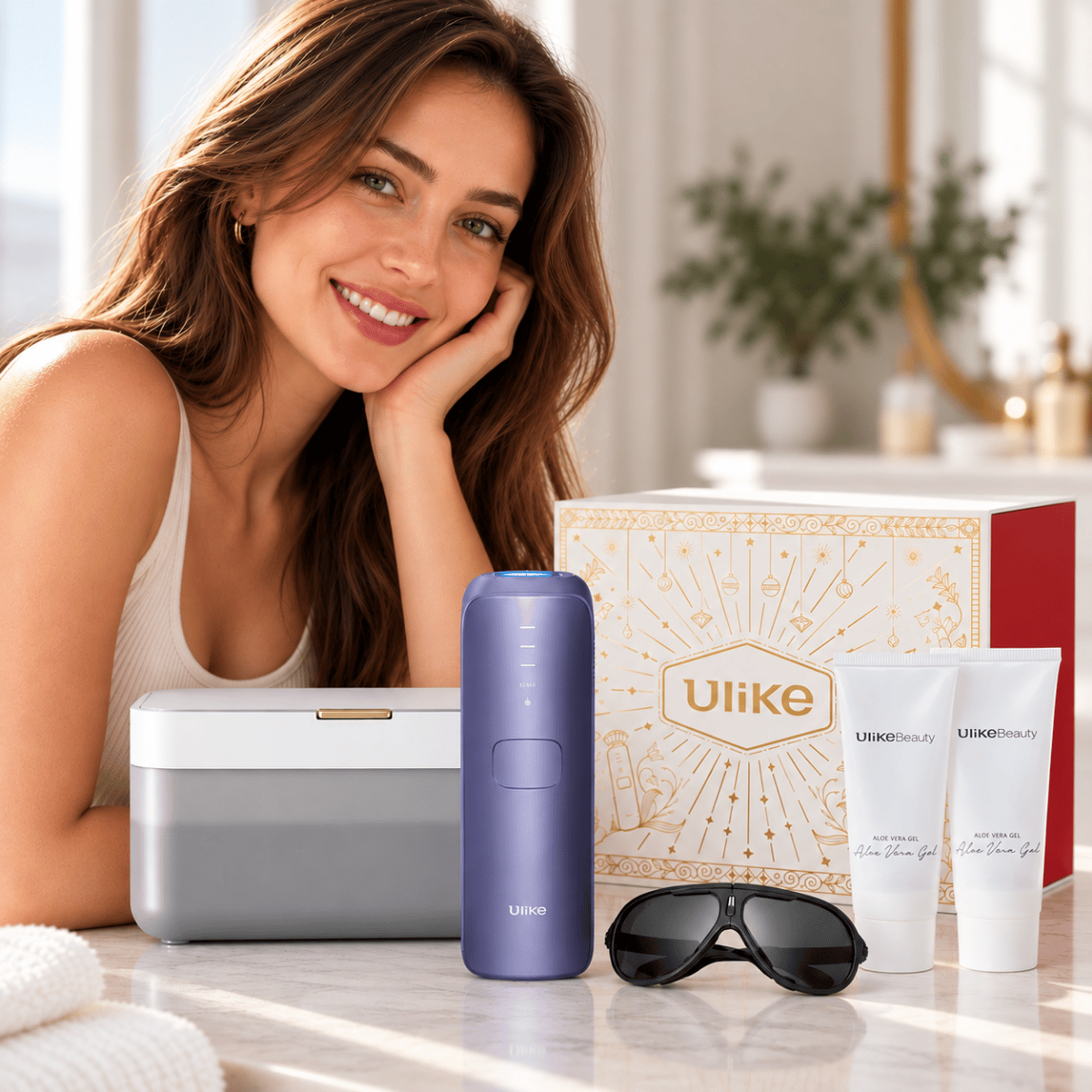 Ulike Air 3 Deluxe IPL hair removal device with UV sterilisation box and accessories beside a smiling woman
