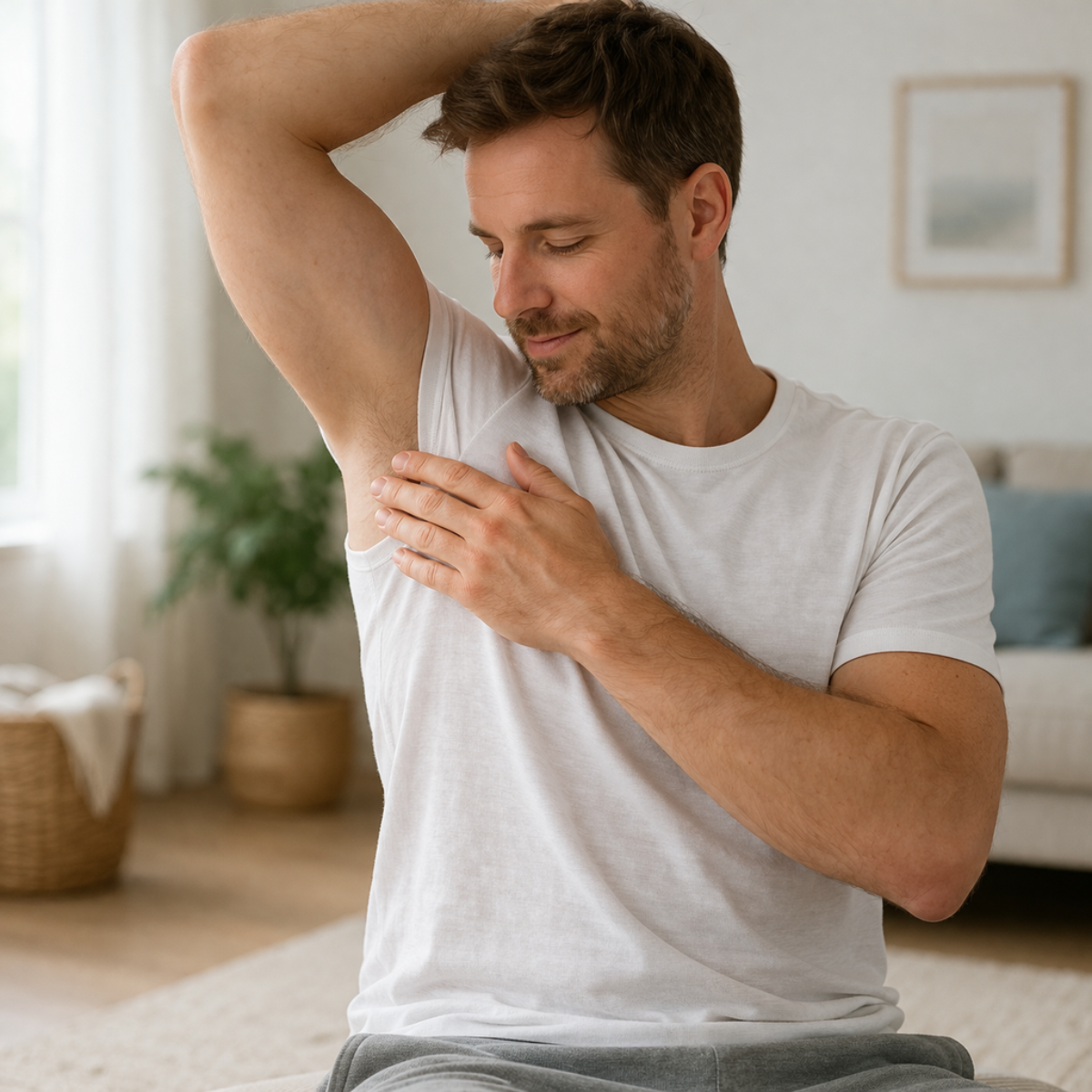 Man checking underarm skin in natural home setting
